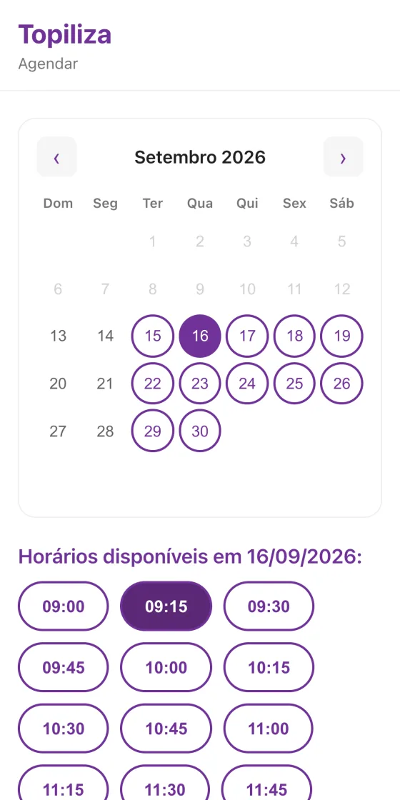 Cliente escolhendo data e horário livres no calendário do salão