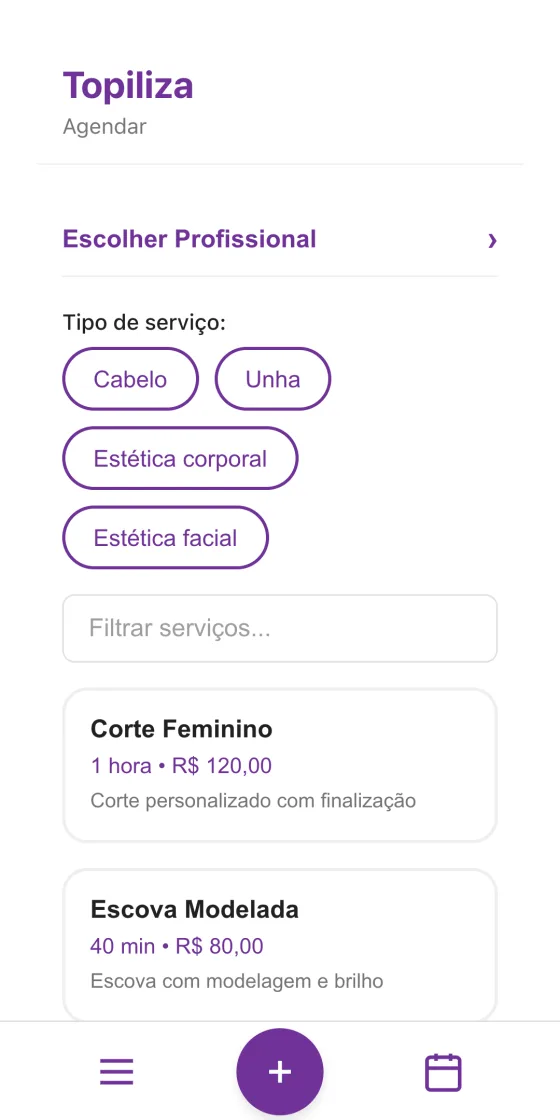Cliente escolhendo o serviço na página do salão: corte feminino e escova, com preço e duração